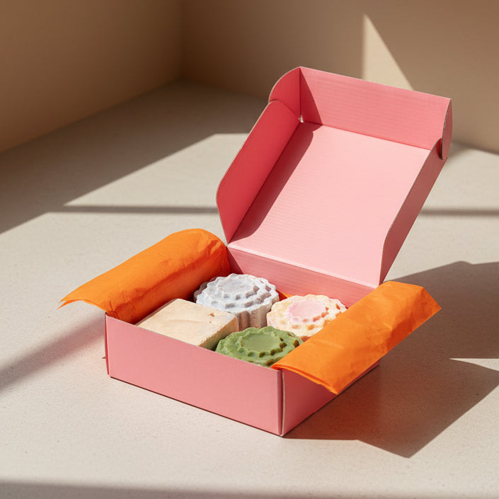 Four decorative bath or body items arranged in an open pink gift box lined with orange tissue paper. The items include two round pastel flower-shaped pieces, one square peach-colored piece, and one round green flower-shaped piece.